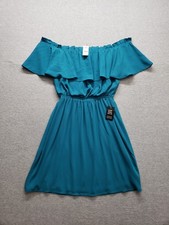 Express Women Mini Dress XS Teal Blue Off The Shoulder Ruffle Empire Waist City