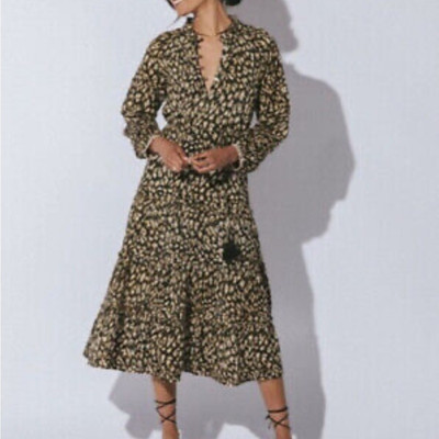 Cleobella Kandall Midi Dress Black Leopard Long Sleeve Organic Cotton Fall Sz S