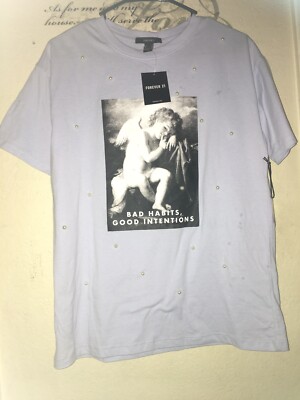 Forever 21 Women Angels Top Graphic Tee T Shirt White Size S