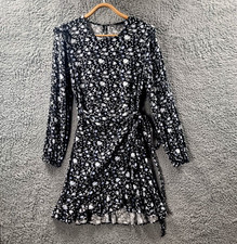 Decjuba Wopmens Wrap Dress Size 8 Black White Blue Floral Linen Blend A-line