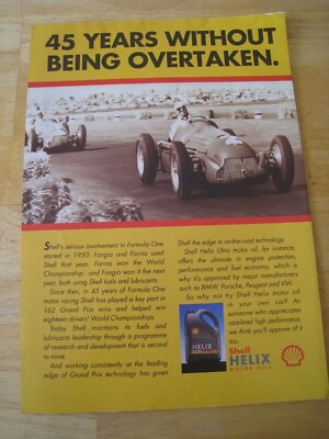 SHELL HELIX MOTOR OILS 45 YEARS WITHOUT BEING OVERTAKES FANGIO ADVERT A4 FILE 48