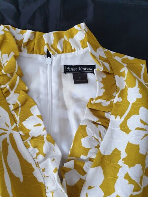 Robe Crayon Jessica Howard Jaune Moutarde - Jacquard Floral, Neuve Avec étiquette, Taille 10