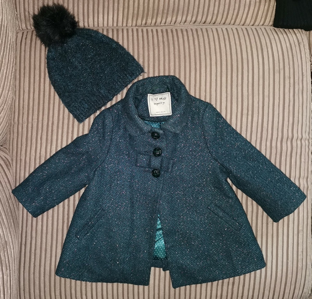 Baby Girls Dark Green Next Smart Coat And Matching Hat 6-9 M UK