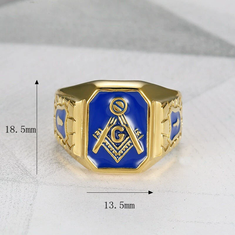 Anel retrô maçônico azul dourado para homens aço inoxidável esmalte anel de banda de pedreiro livre - Imagem 4 de 4