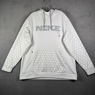 Nike Hoodie Mens XL White Gray Therma Fit Pullover Fleece Spell Out Logo  Soccer