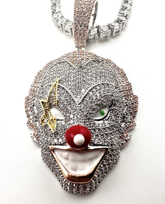 Iced out 14K White Gold Plated over Brass Clown Necklace