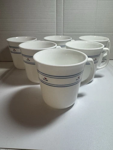 EUC Vintage Set Of 6 Corningware Coffee/Tea Cups Mugs White Heart Splash Pattern