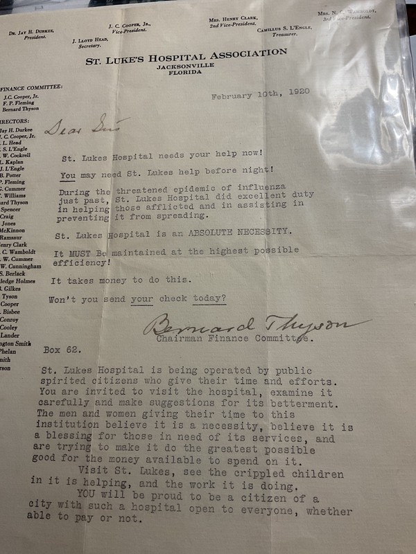 1920 Letter St Lukes Hospital. Jacksonville FL