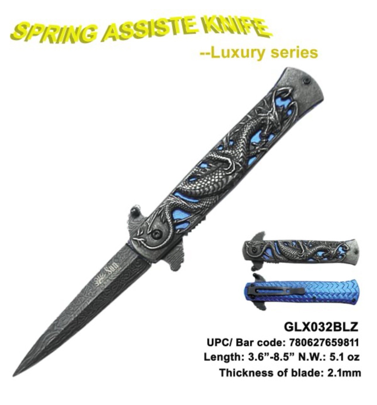 8.75” Blue Gray Dragon Engraved Spring Open Assisted Tactical Folding Knife