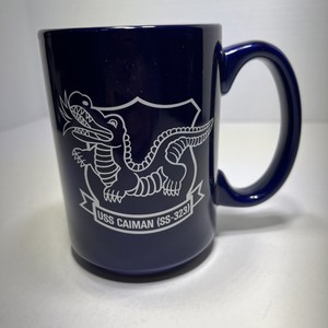 USS CAIMAN (SS-323) Submarine Mug Cup U.S. Navy EUC Dark Blue White Print