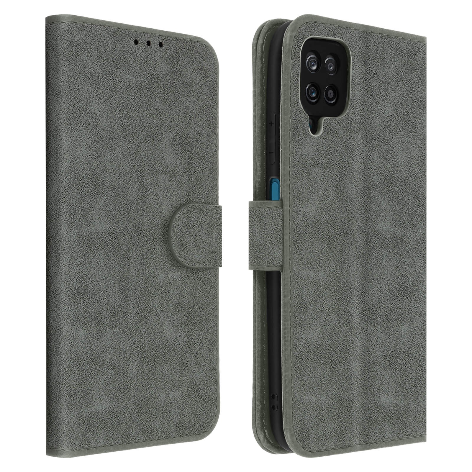 Coque arriere Galaxy A12 portefeuille complet antichoc etui rabat gris