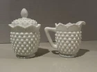 Vintage Fenton White Milk Glass Hobnail Sugar Dish W/ Lid & Creamer Set.