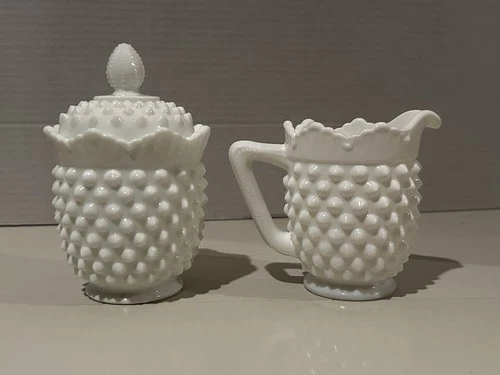 Vintage Fenton White Milk Glass Hobnail Sugar Dish W/ Lid & Creamer Set.