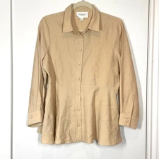 Tuckernuck Pomander Place M Tan Peplum Shirt Button Down Long Sleeve Blouse Top