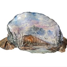 Vintage Hand Painted Tree Conk Shelf Mushroom Mountains Lake Forest Birds