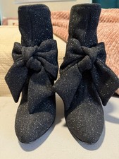 Women s Black Glitter Ankle Boots Pointed Toe Stiletto Heel Bow Accents