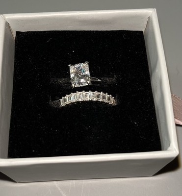 Diamonique Sterling Silver Sz 8.25 Engagement/Wedding Band Set Emerald Cut CZ