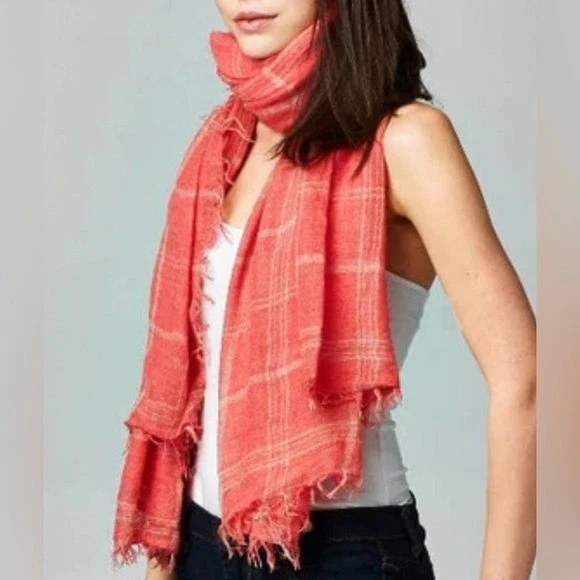 LOVESTITCH CORAL PINK TAUPE PLAID LIGHTWEIGHT SCARF WRAP SHAWL ONE SIZE - Image 2 of 4