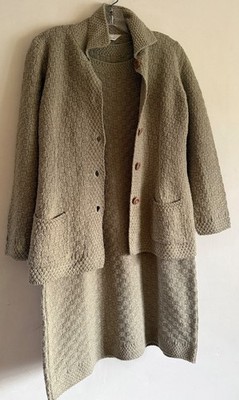 VTG MARKS & SPENCER BEIGE TWO PIECE DRESS & JACKET KNIT CO- ORD SET SUIT SIZE:14