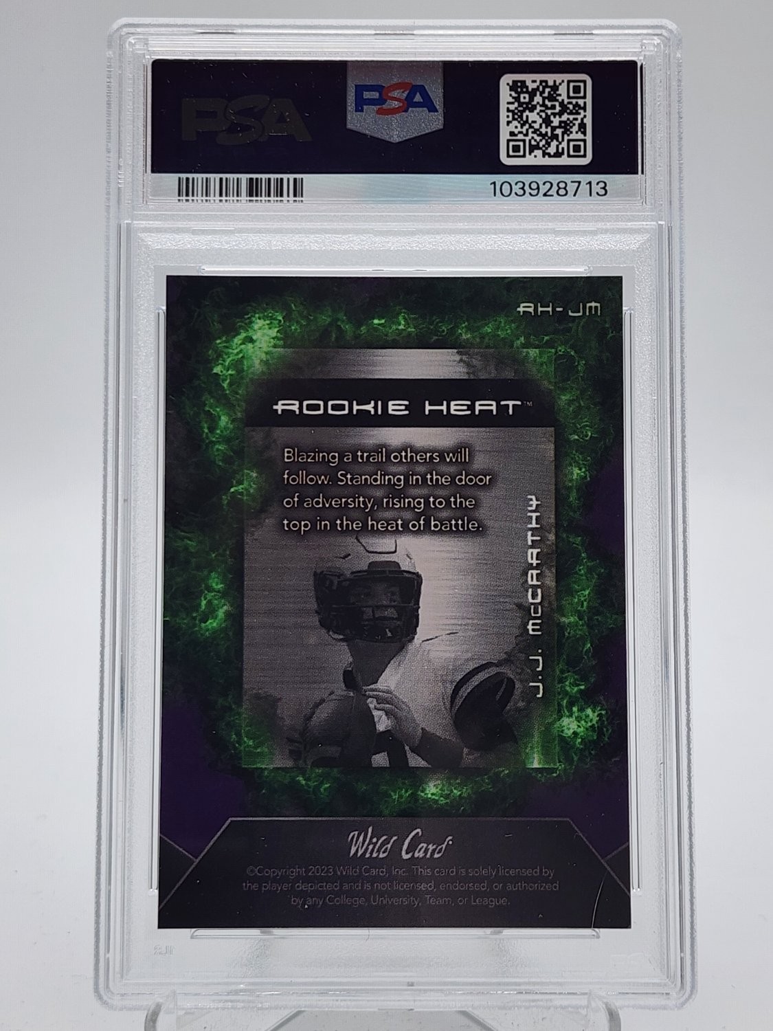 JJ MCCARTHY 2023 WILD CARD MATTE ROOKIE HEAT PURPLE GREEN 1/1 PSA 8 Q4320 view 2