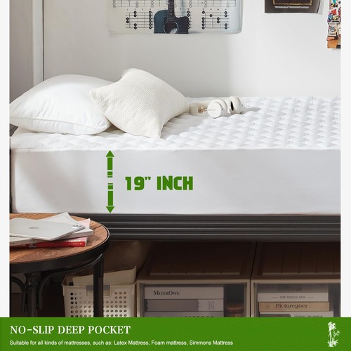 Twin XL Mattress Pad Waterproof Rayon Made from Bamboo, Fitted Deep Pocket Ma... - Picture 2 of 7
