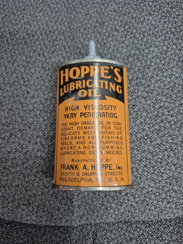 ANTIQUE HOPPE'S LUBRICATING OIL 3 oz. TIN w/LEAD TOP FRANK A. HOPPE PHILADELPHIA