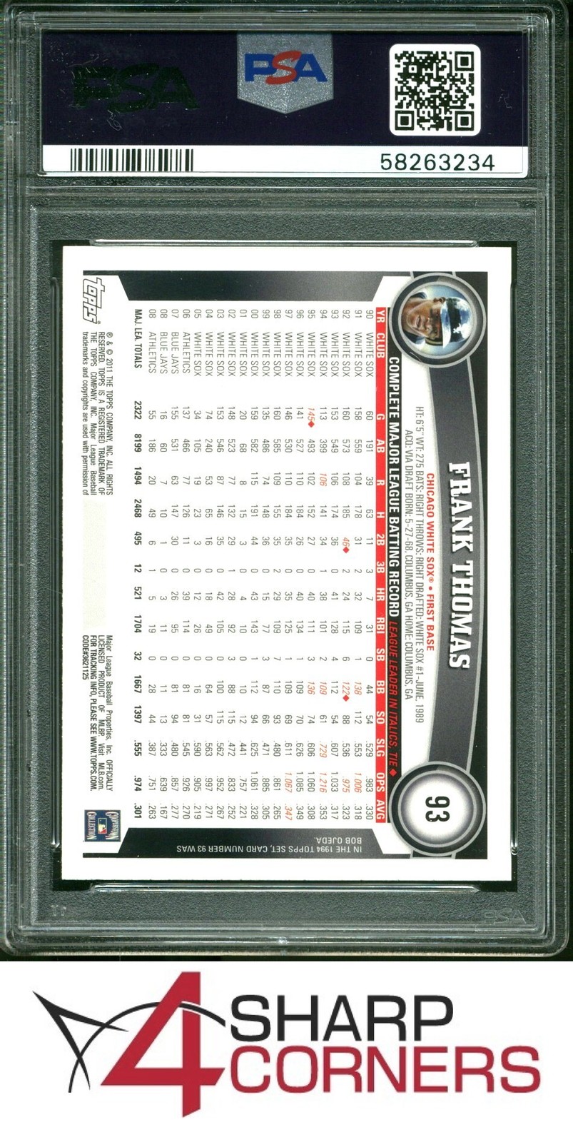 2011 TOPPS COGNAC DIAMOND ANNIVERSARY #93 FRANK THOMAS HOF PSA 10 view 2