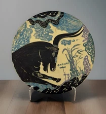 Mid Century Original Art Ceramic Plate Surrealist Blue 10”, Signed & dated 1953