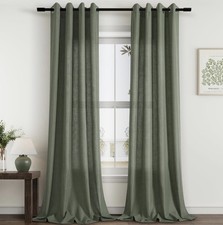 Olive Green Linen Curtains 108 Inch Extra Long 2 Panels Grommet Sheer Drapes
