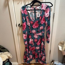 Sofia Vergara Teal Floral Print Long Sleeve Midi Dress Size S