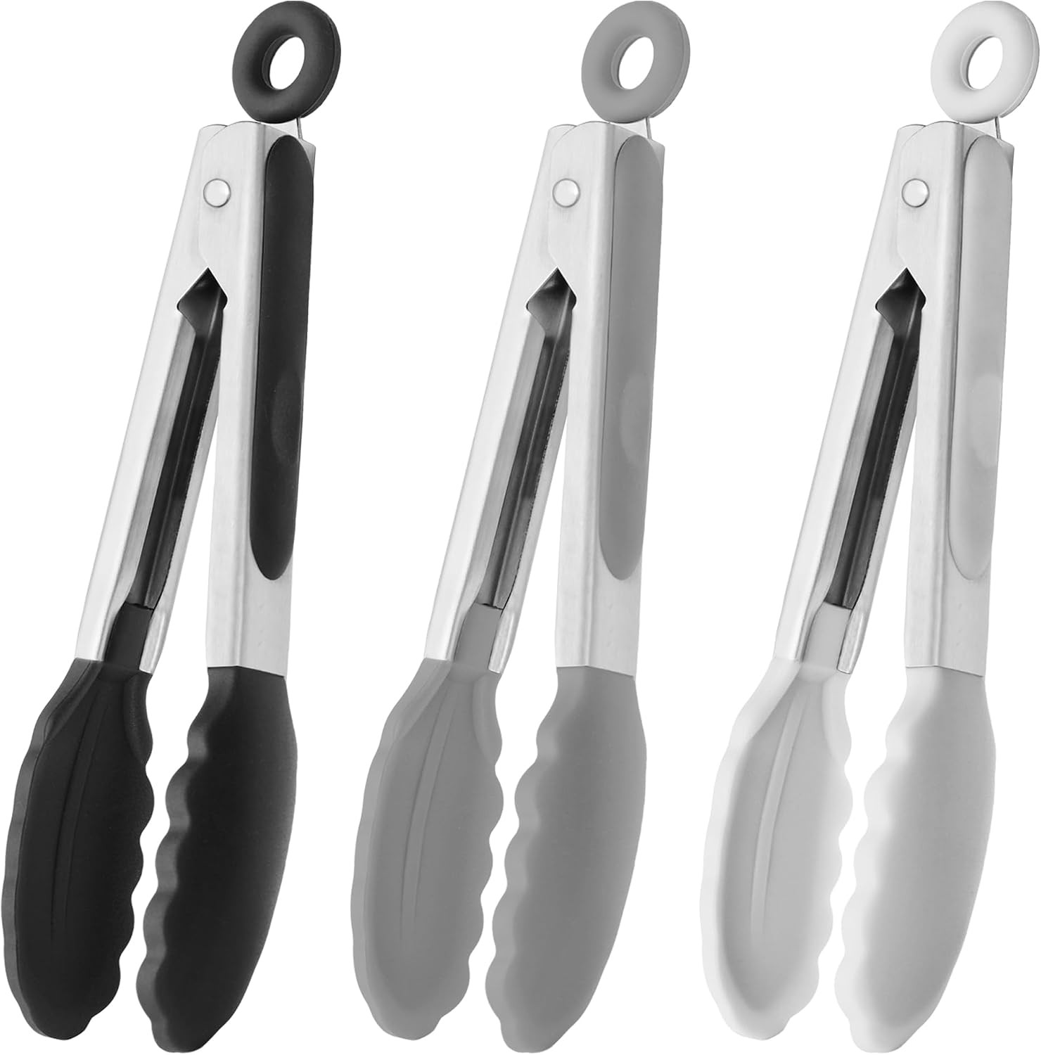 3pk 7in Mini Silicone Tongs HINMAY Black Gray White Salad Serving Kitchen