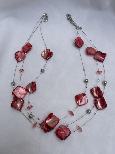 Mother of Pearl Large Nugget Multi Strand Necklace Pink With Silver Tone Beads - Picture 1 of 7
