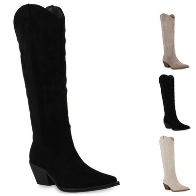 VAN HILL Damen Cowboystiefel Eleanor Stiefel Stickerei Trichterabsatz Trendy