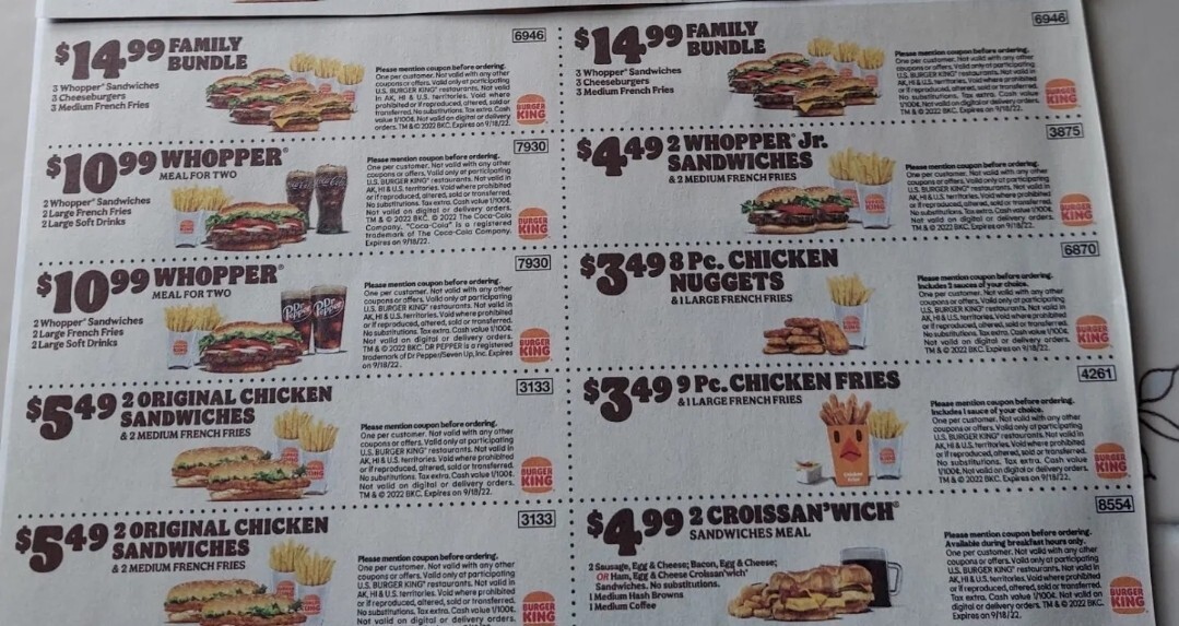 2 SHEETS of BURGER KING COUPONS BK Restaurant Whopper Fast Food Expires  9/18/22