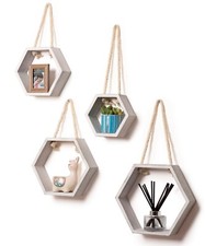 Dual Purpose Floating or Hanging Hexagon Shelves - Washed White Set of 4 Hexagon