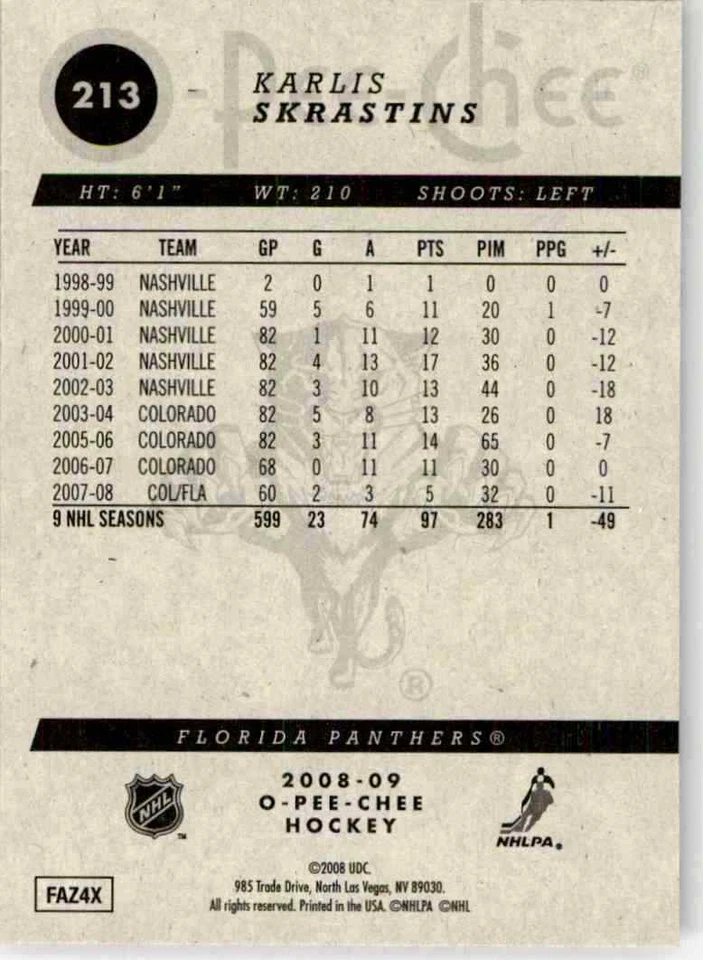 2008-09 O-Pee-Chee Karlis Skrastins #213 - Image 2 of 2
