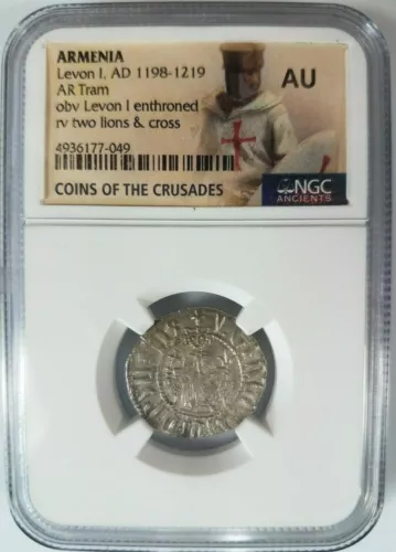 Levon I Armenia NGC AU Silver Tram Medieval Knights Templar Crusader Cross Lion