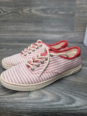 UGG Shoes Women Size 7 Red White Stripe Sneakers Eyan II Canvas Lace Up 1007570