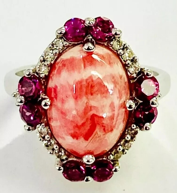 HSN Paul Deasy Sterling Rhodochrosite, Purple Garnet & White Zircon Ring Size 8