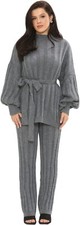 Womens Co-Ord Set Leggings Ribbed Knitted  Loungewear Belted 2 Piece Suit