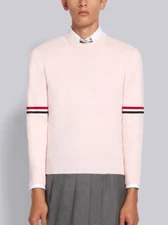 THOM BROWNE PINK COTTON MILANO STITCH STRIPE ARMBAND CREWNECK PULLOVER SZ 1 NWT
