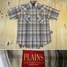 PLAINS WESTERN WEAR - Vtg Gray Plaid Pearl Snap S/S Cowboy Shirt, Mens MEDIUM