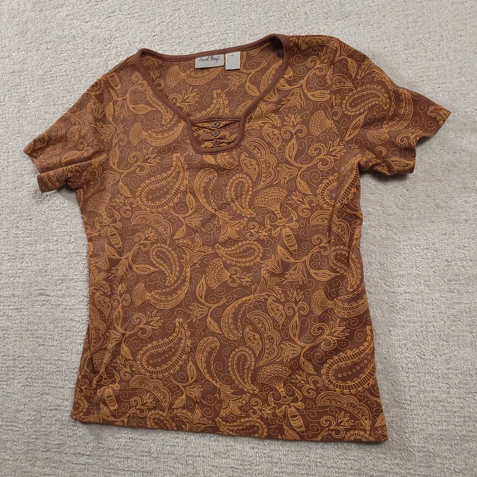 Coral Bay Womens Paisley Shirt Medium Brown Short Sleeve Floral Ladies - Image 2 of 4