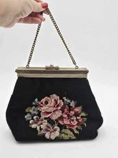 Vintage Retro Needlepoint Black Purse Floral Design 10 3/4" Wide