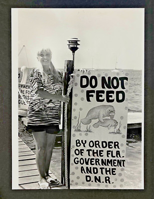 1993 Do Not Feed Manatees Sign Florida Government Woman Ocean VTG Press Photo