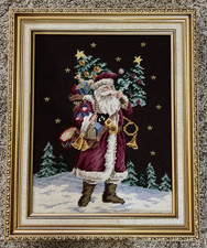 Needlepoint Santa Claus Starry Night Gold Frame