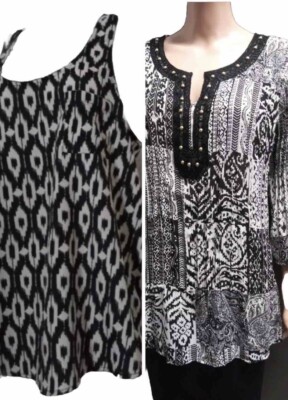 Lot Of 2 Size L Blouse Nue Options & Collective Concept Black -White Blouse Tops