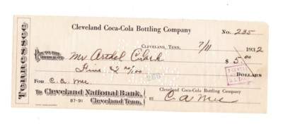 KAPPYS 1932 CLEVELAND TENN. COCA-COLA BOTTLING COMPANY CANCELLED CHECK  GG31