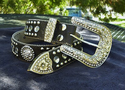 Blazin Roxx BLING Leather Belt Brown 1.5'' Western Czs studs CONCHOs WOMEN sz 32