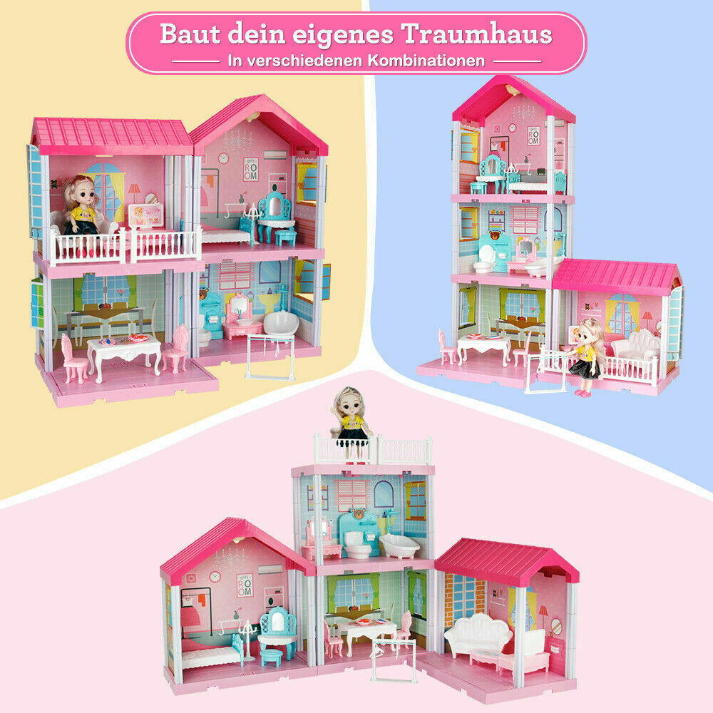 Pink Dollhouse Dreamhouse Building Toys Princess Doll House Playset